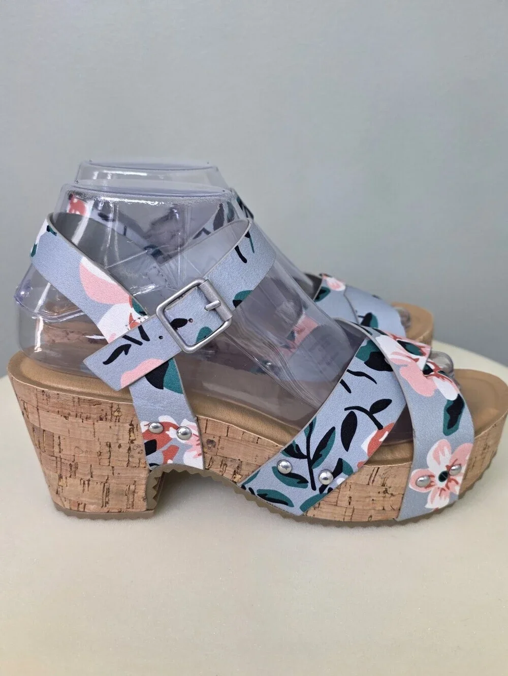 Journee Collection Valentina Floral Platform Sandals Cork Block Heel Sz 7.5 NEW